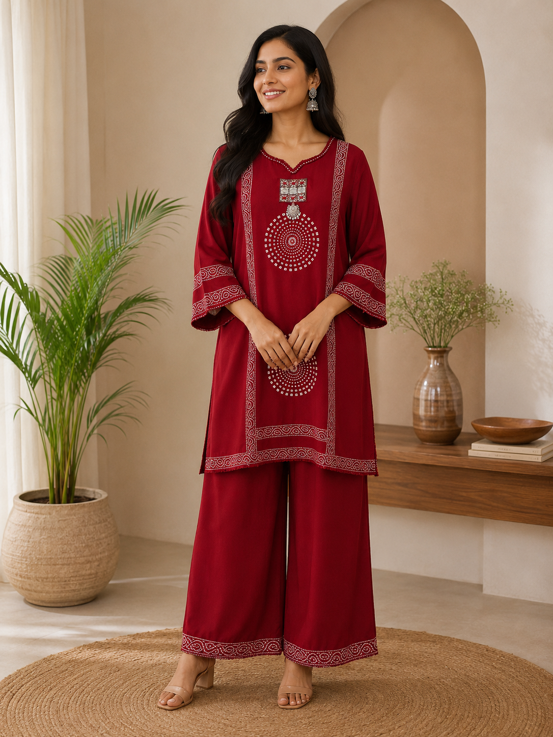 Women's Maroon Bandhani Print Rayon Kurta Palazzo Set