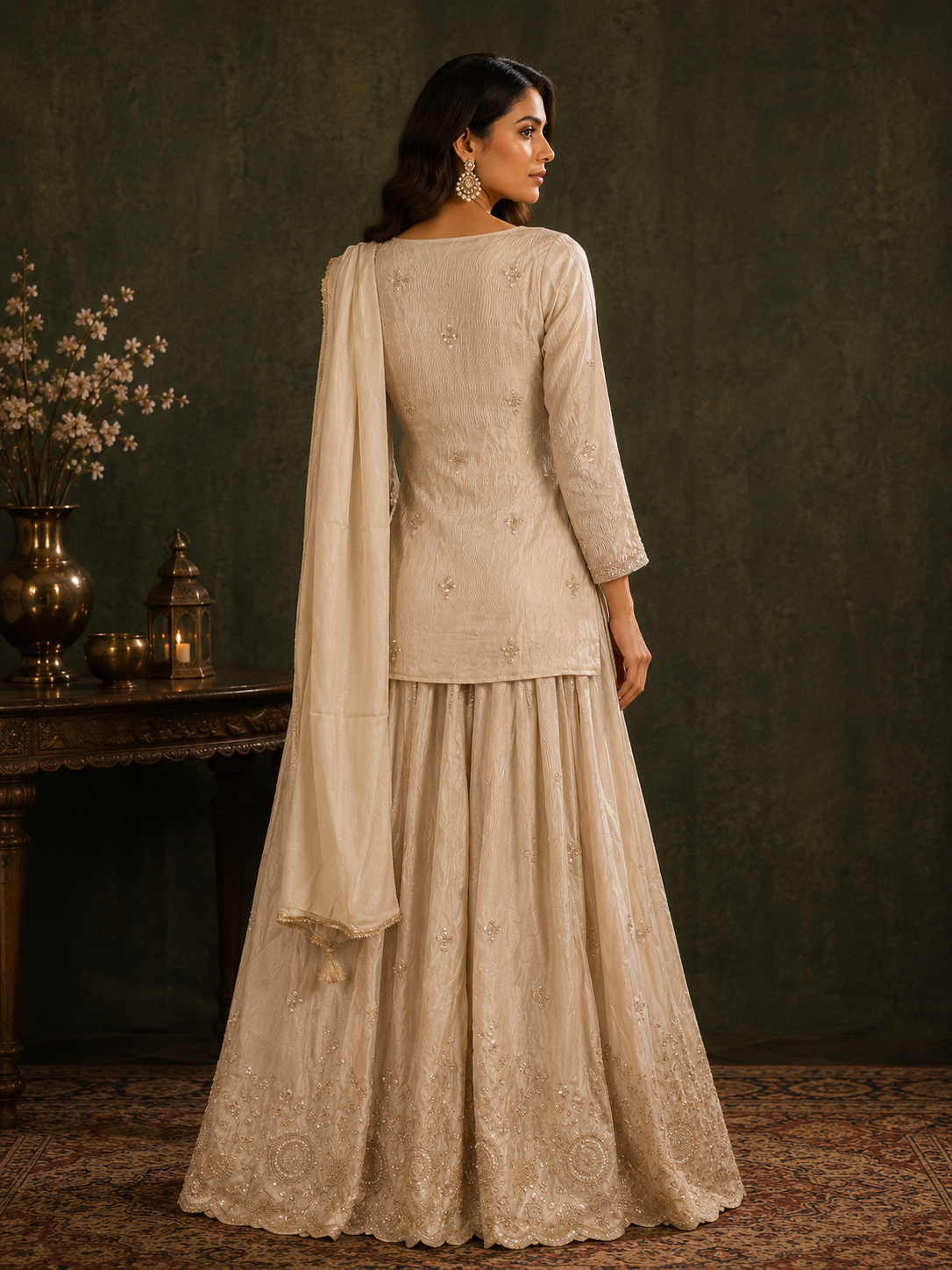 Ivory Embroidered Silk Sharara Set with Dupatta
