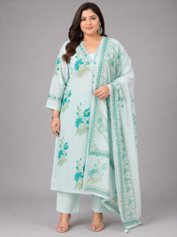 Women's Light Blue Floral Printed Cotton Kurta Pant Set with Dupatta