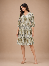 Imported Lycra Olive Floral Print Fit & Flare Midi Dress