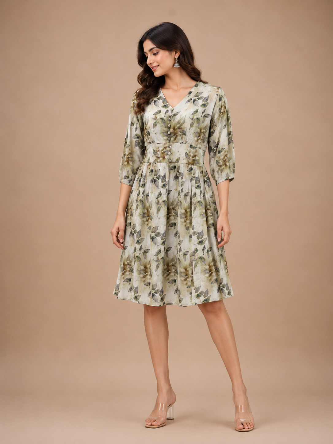 Imported Lycra Olive Floral Print Fit & Flare Midi Dress