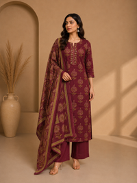 Wine Red Ethnic Printed Cotton Kurta Set with Dupatta