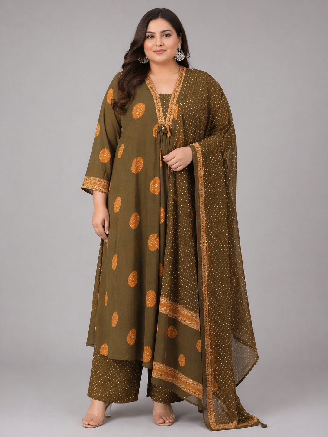 Olive Brown Polka Printed Cotton Kurta Set with Dupatta (Plus Size Friendly)