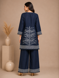 Navy Blue Embroidered Rayon Kurta Set with Palazzo Pants