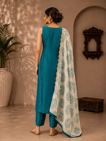 Greenish Blue Vichitra Silk Straight Suit Set with Printed Dupatta