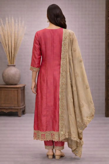 Red Silk Embroidered Festive Salwar Suit with Zari Dupatta