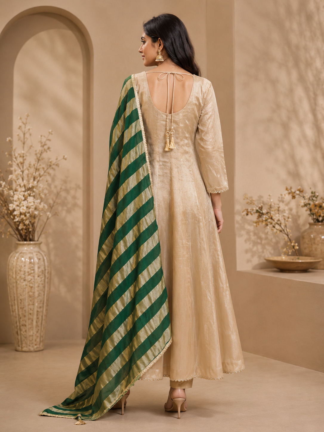 Premium Silk A-Line Suit Set with Dull Gold Broad Stripes & Green Woven Dupatta – Champagne Gold