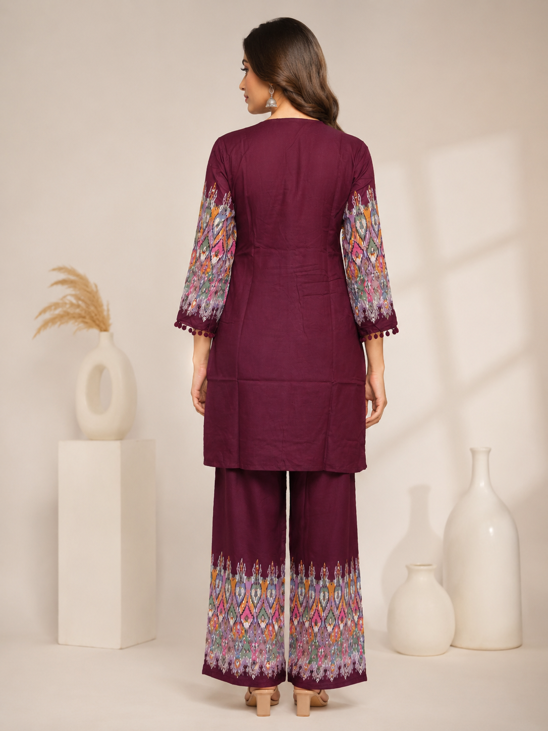 Wine Purple Printed Rayon Kurta Set with Palazzo Pants
