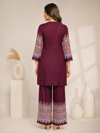 Wine Purple Printed Rayon Kurta Set with Palazzo Pants