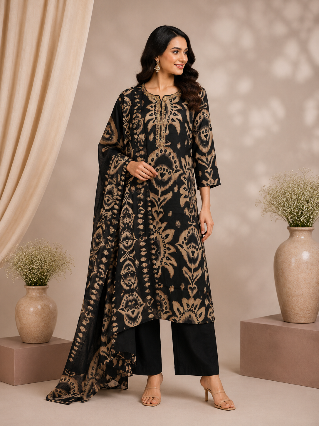 Black Muslin Silk Printed Kurta Set with Dupatta