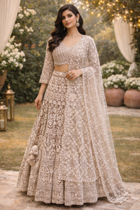 Beige Heavy Embroidered Net Lehenga Set with Designer Dupatta