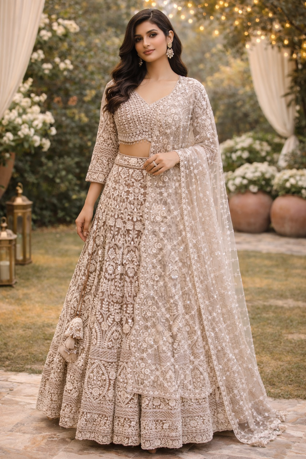 Beige Heavy Embroidered Net Lehenga Set with Designer Dupatta