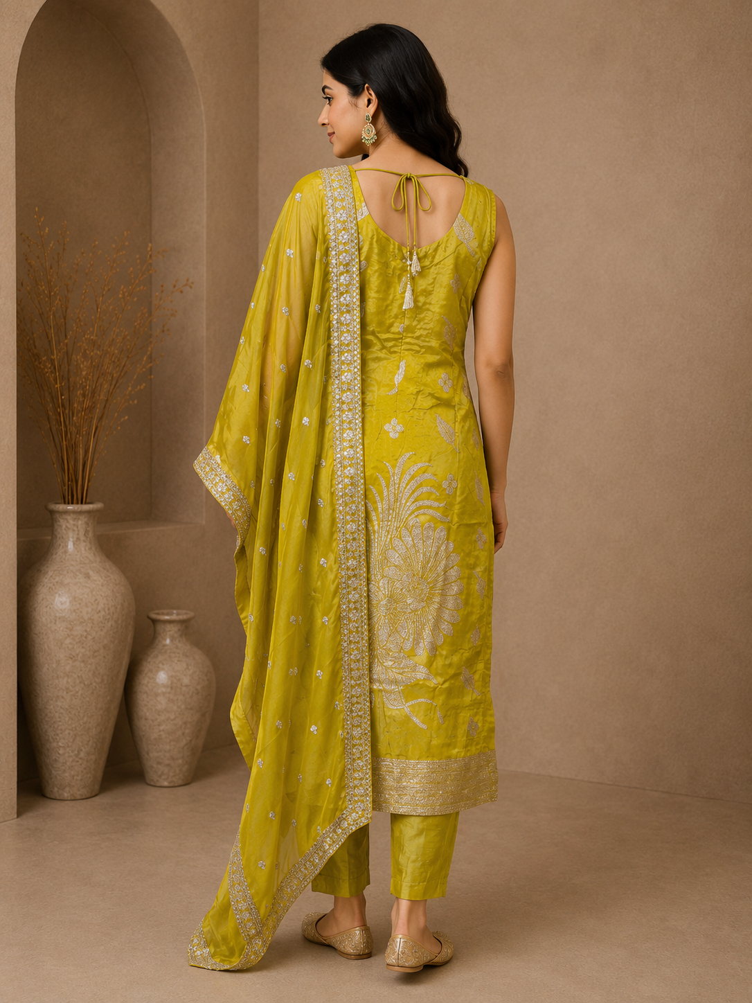 Premium Silk Embroidered Straight Suit Set with Embellished Organza Dupatta – Mustard Yellow