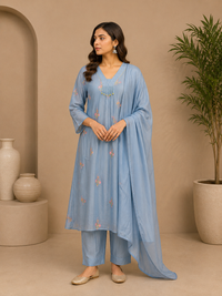 Women's Mul Chanderi Embroidered Kurta Pant Set with Dupatta