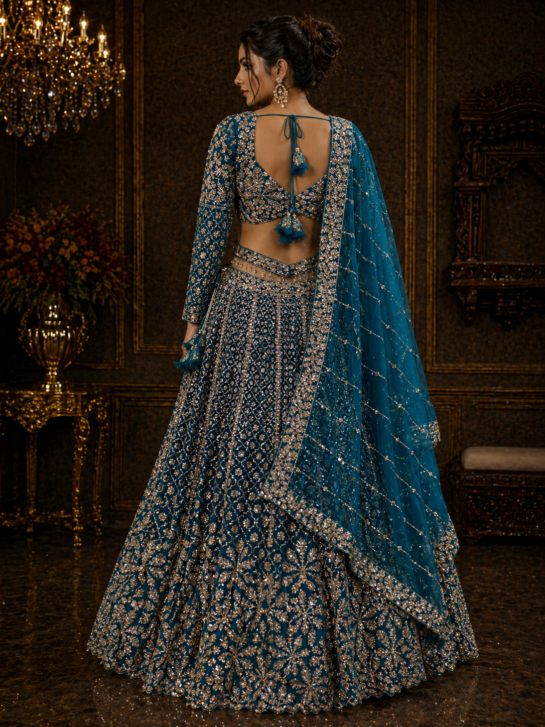 Women's Teal Blue Embroidered Net Lehenga Choli with Dupatta