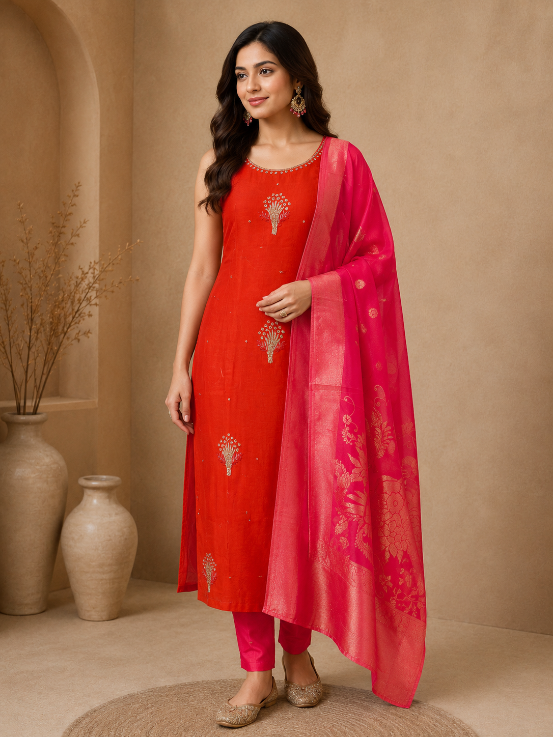 Premium Silk Straight Cut Suit Set with Woven Banarasi Dupatta – Orange & Pink