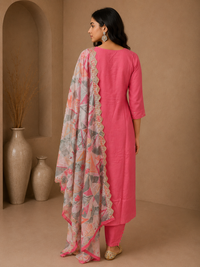 Premium Silk Straight Suit Set with Embellished V-Neck & Printed Organza Dupatta – Blush Pink