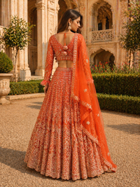 Royal Orange Embroidered Net Lehenga Set with Dupatta
