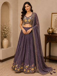 Royal Mauve Silk Embroidered Lehenga Set with Designer Blouse & Dupatta