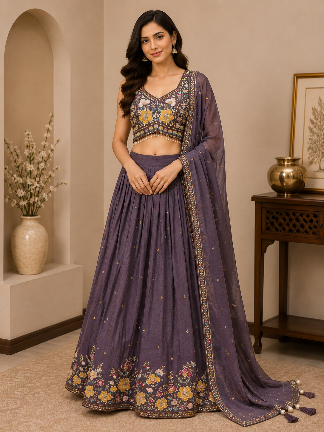 Royal Mauve Silk Embroidered Lehenga Set with Designer Blouse & Dupatta