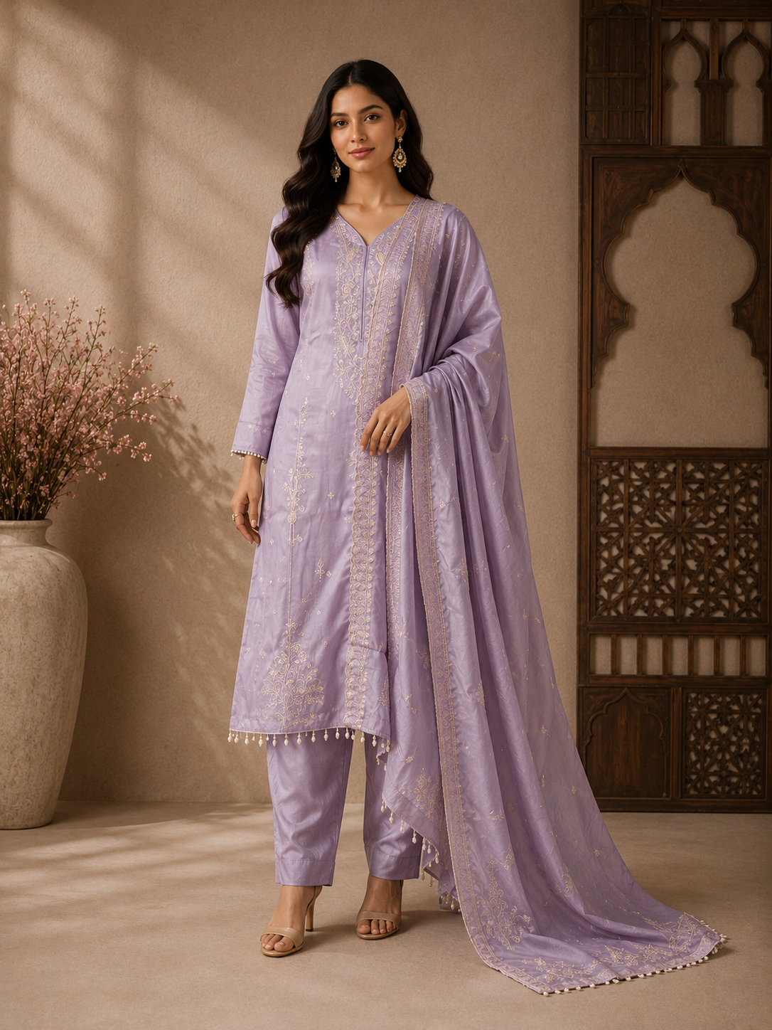Elegant Lavender Silk Straight Suit Set with Embroidered Dupatta