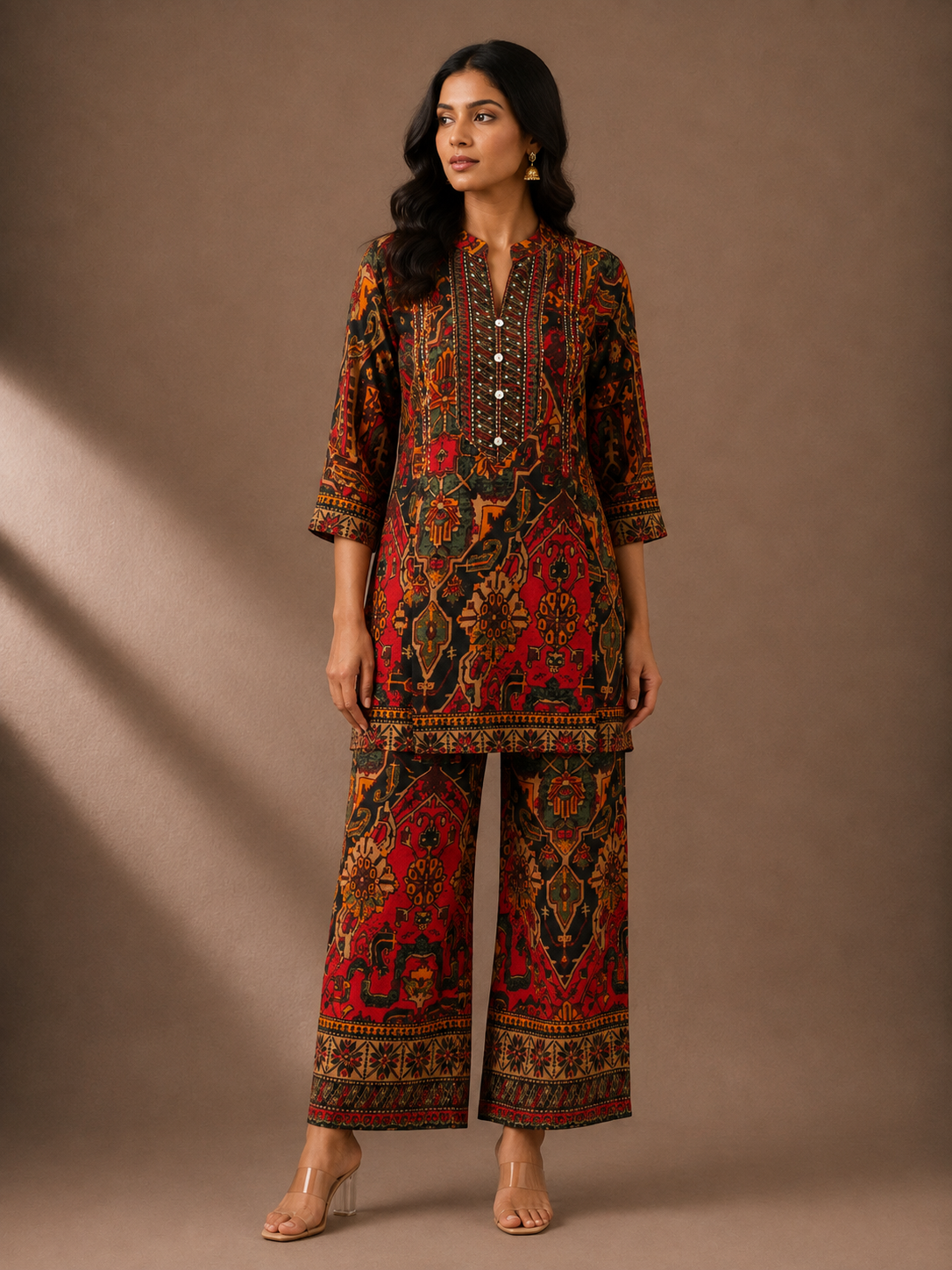 Multicolour Printed Silk Blend Kurta Pant Set