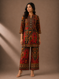 Multicolour Printed Silk Blend Kurta Pant Set
