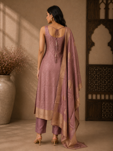 Elegant Mauve Brocade Silk Straight Suit Set with Woven Dupatta