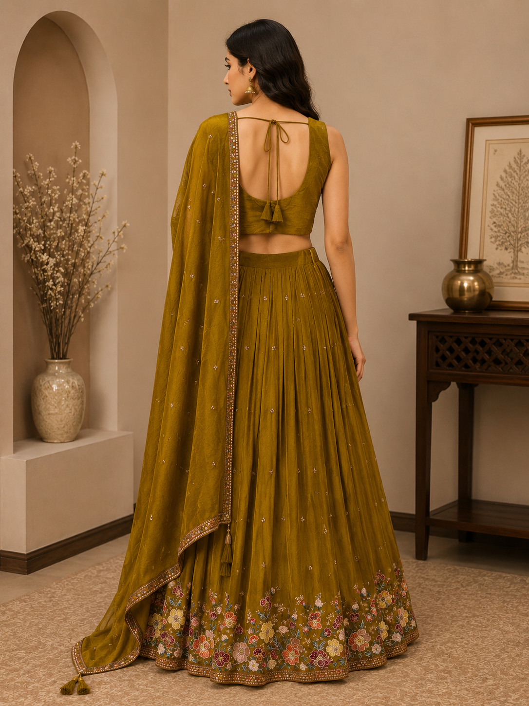 Olive Green Silk Embroidered Lehenga Set with Designer Blouse & Dupatta
