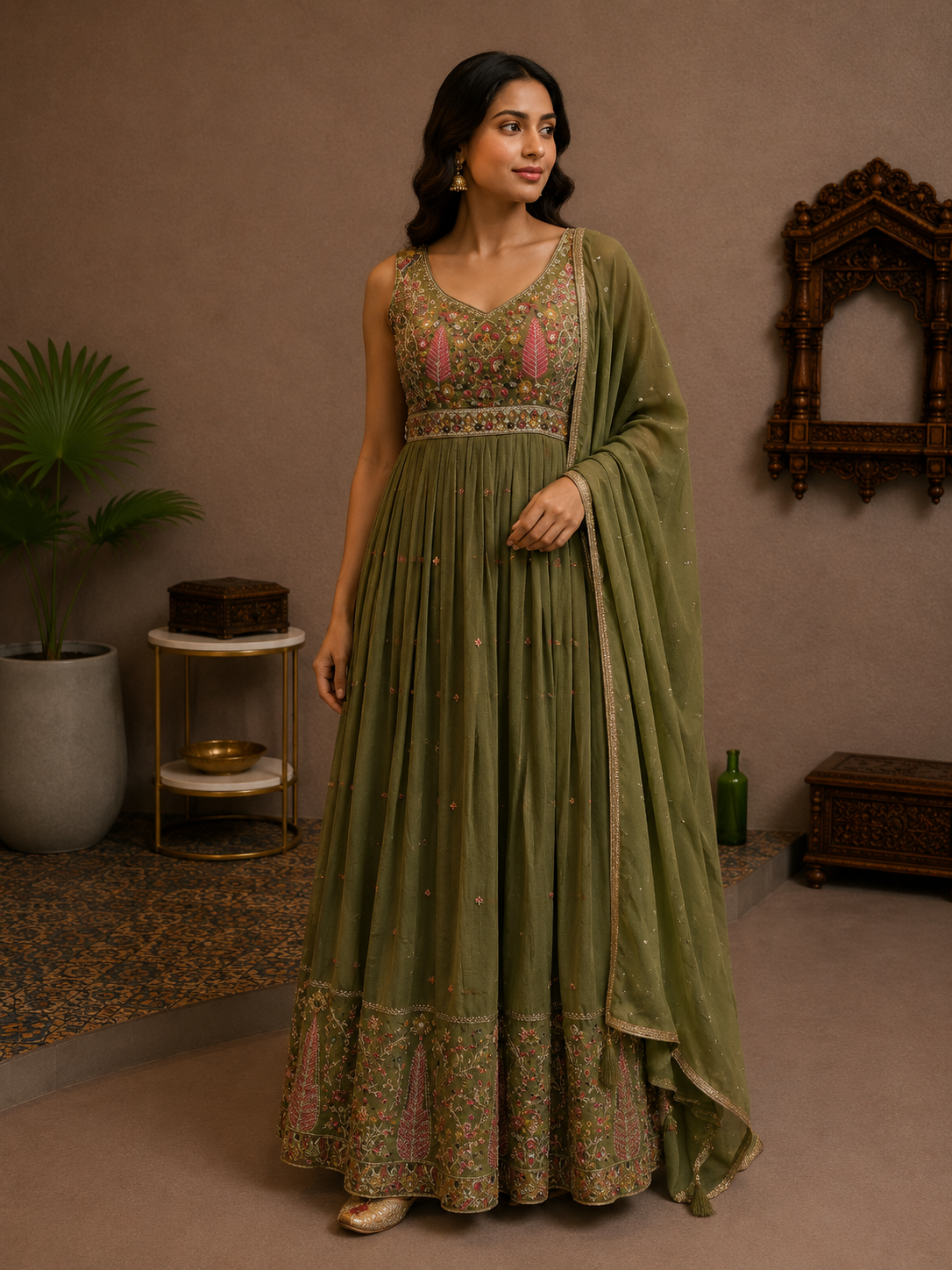 Olive Green Embroidered Silk Anarkali Set