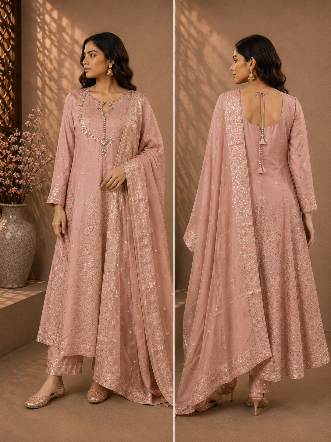 Blush Pink Silk Embroidered Anarkali Kurta Set with Dupatta