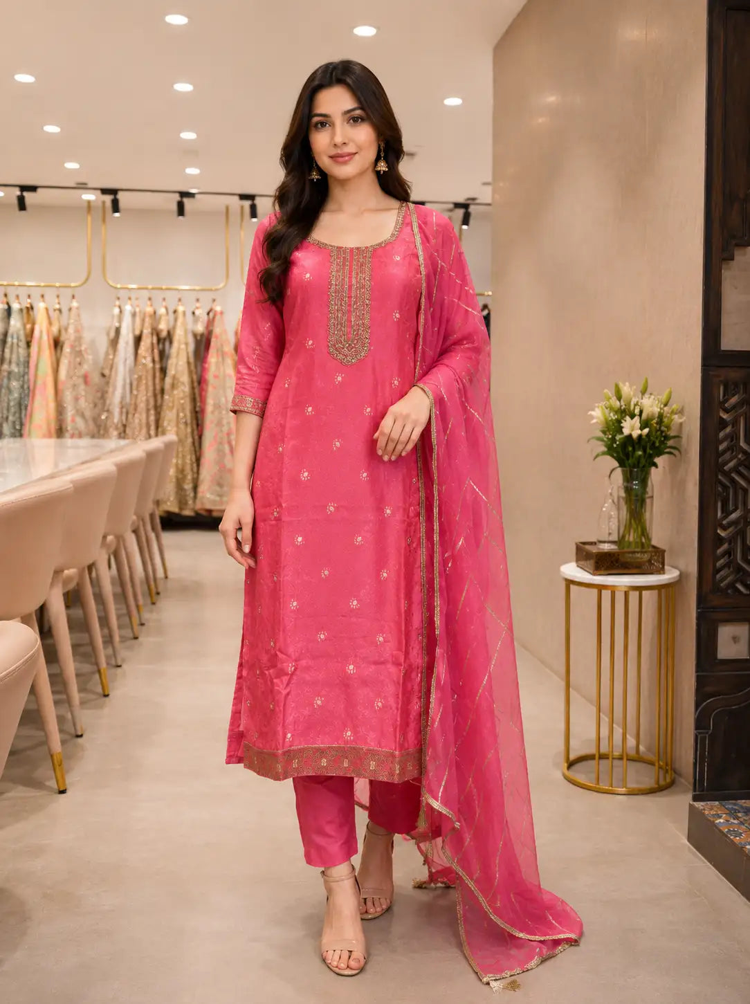 Pink Embroidered Kurta Set with Dupatta