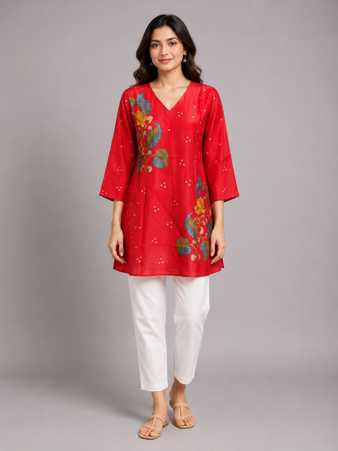 Vermilion Red Printed Silk Short Kurta