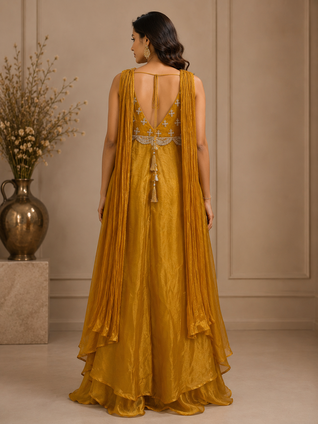 Mustard Organza Layered Sharara Set with Embroidered Bodice