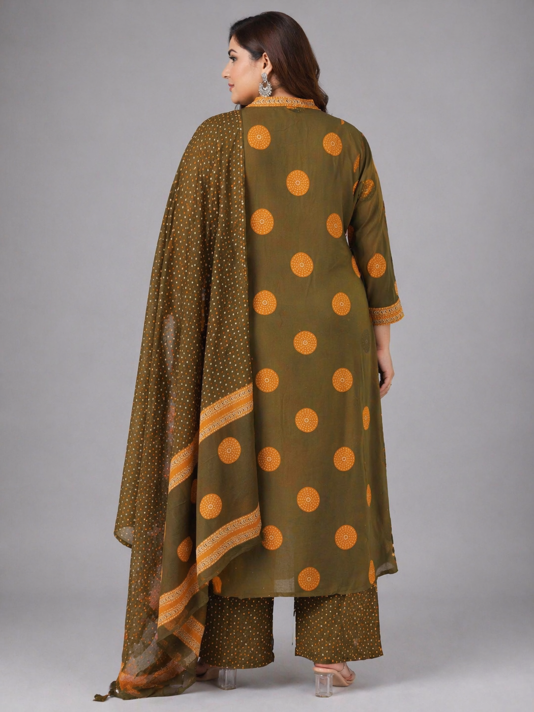Olive Brown Polka Printed Cotton Kurta Set with Dupatta (Plus Size Friendly)