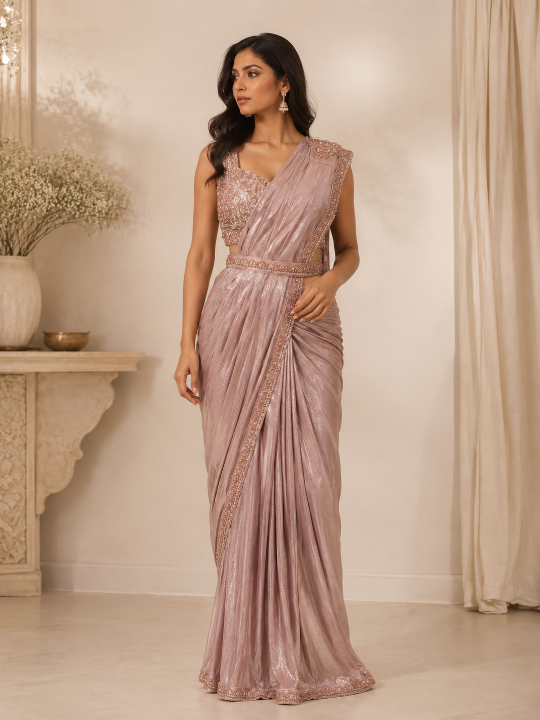 Premium Silk Pre-Draped Saree with Embellished Blouse & Waist Belt – Dusty Rose
