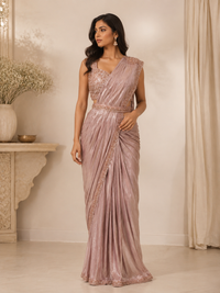 Premium Silk Pre-Draped Saree with Embellished Blouse & Waist Belt – Dusty Rose
