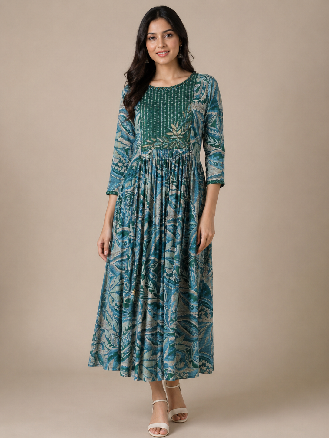 Teal Blue Imported Lycra Botanical Print Tiered Midi Dress