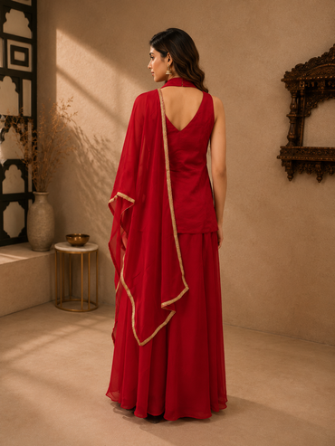 Rani Pink Soft Silk Embroidered Kurta Set with Palazzo & Dupatta
