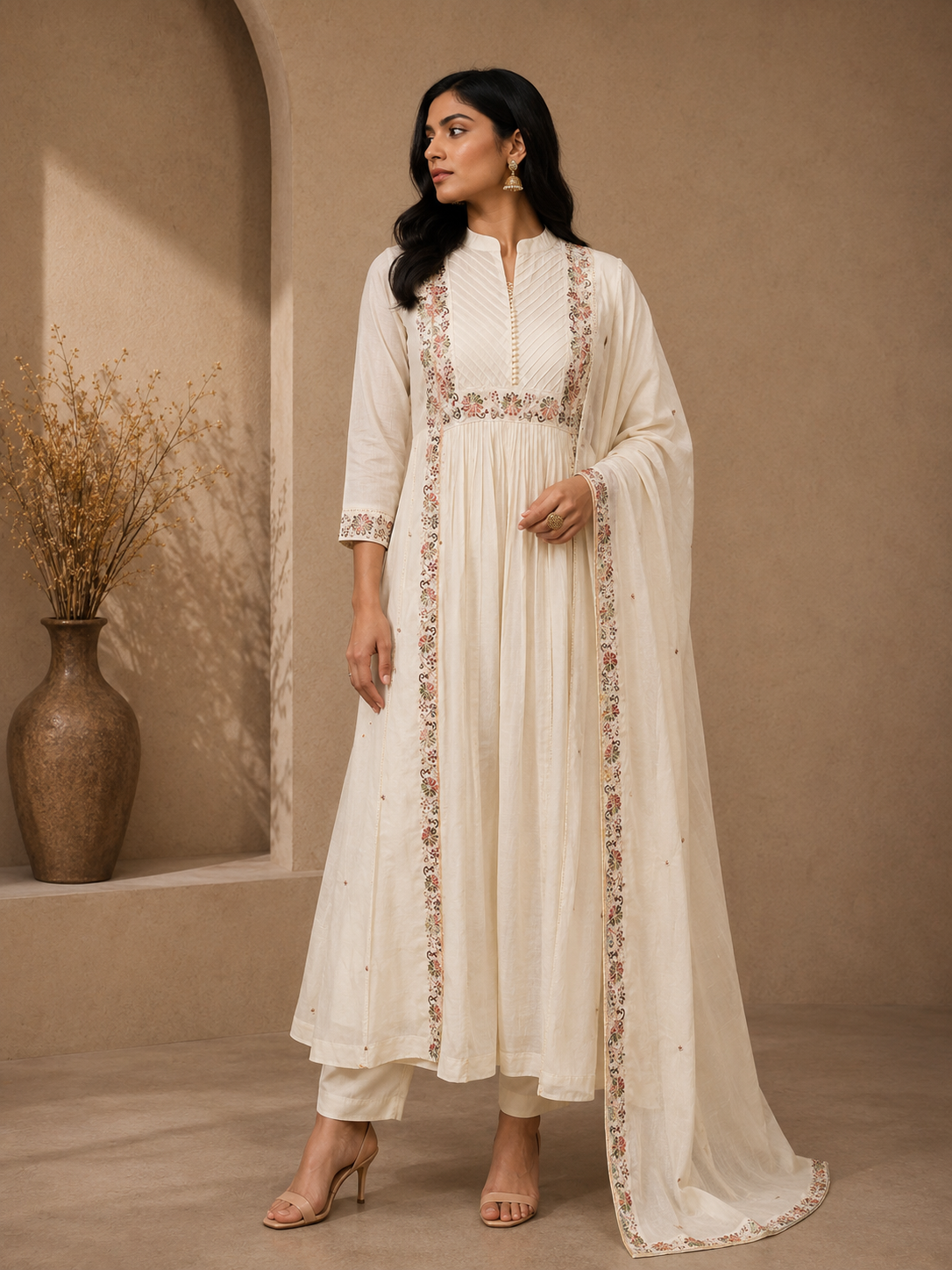 Premium Mul Chanderi Anarkali Suit Set with Floral Embroidered Dupatta – Ivory White