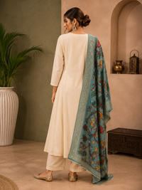 Ivory Silk Straight Suit Set with Floral Printed Turquoise Dupatta