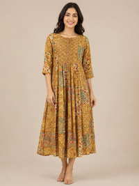 Mustard Imported Lycra Paisley Print A-Line Midi Dress