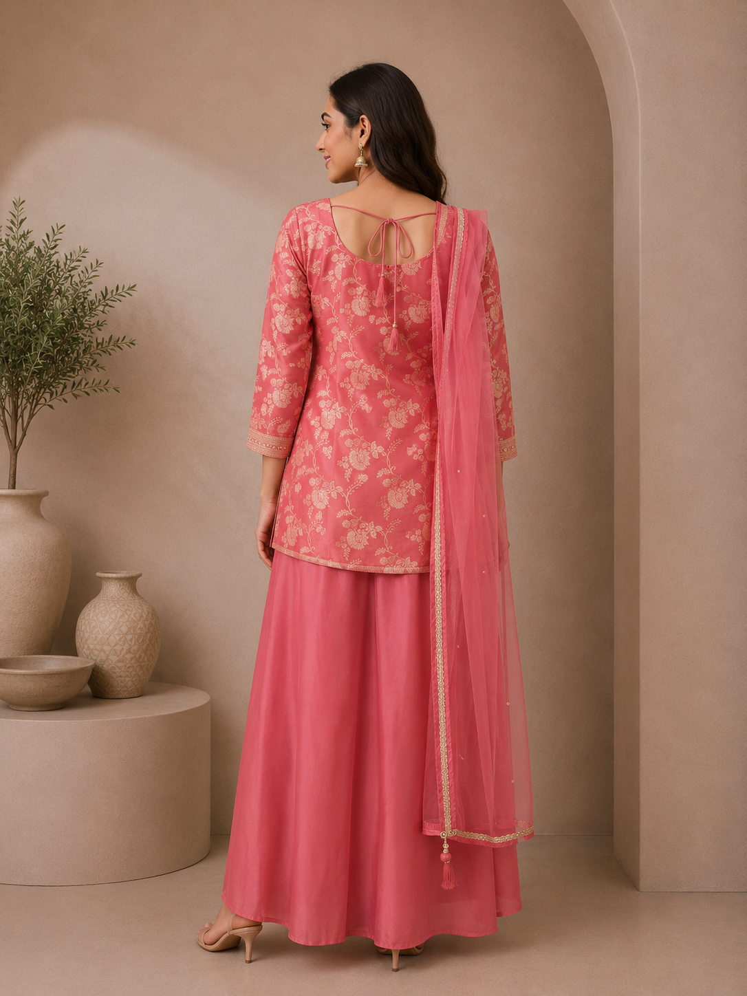 Elegant Pink Brocade Silk Straight Suit Set with Embroidered Dupatta