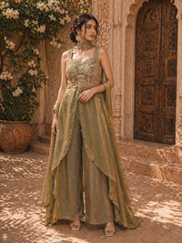 Designer Tissue Silk Indo-Western Set with Embroidered Bodice & Flowy Layered Pants | Festive & Wedding Wear