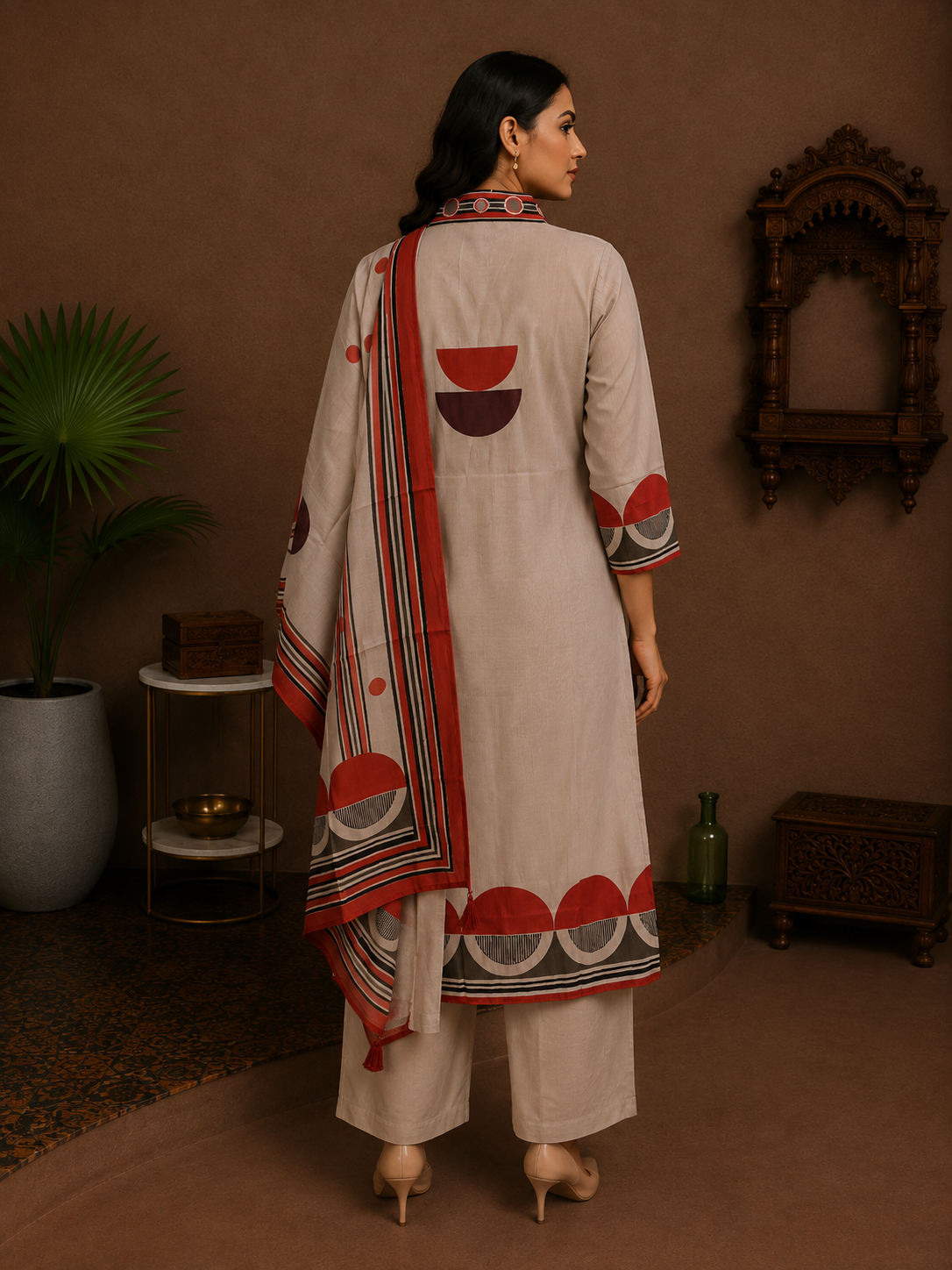 Stone Beige Silk Printed Suit Set with Contrast Dupatta
