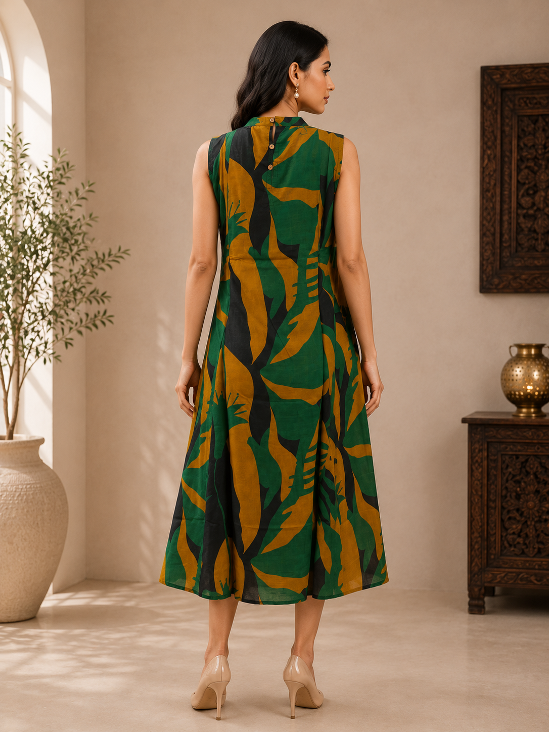 Emerald Green Muslin Silk Leaf Printed A-Line Dress for Women