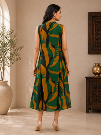 Emerald Green Muslin Silk Leaf Printed A-Line Dress for Women