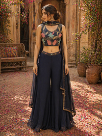 Midnight Blue Chinnon Silk Lehenga Set with Embroidered Crop Top & Dupatta