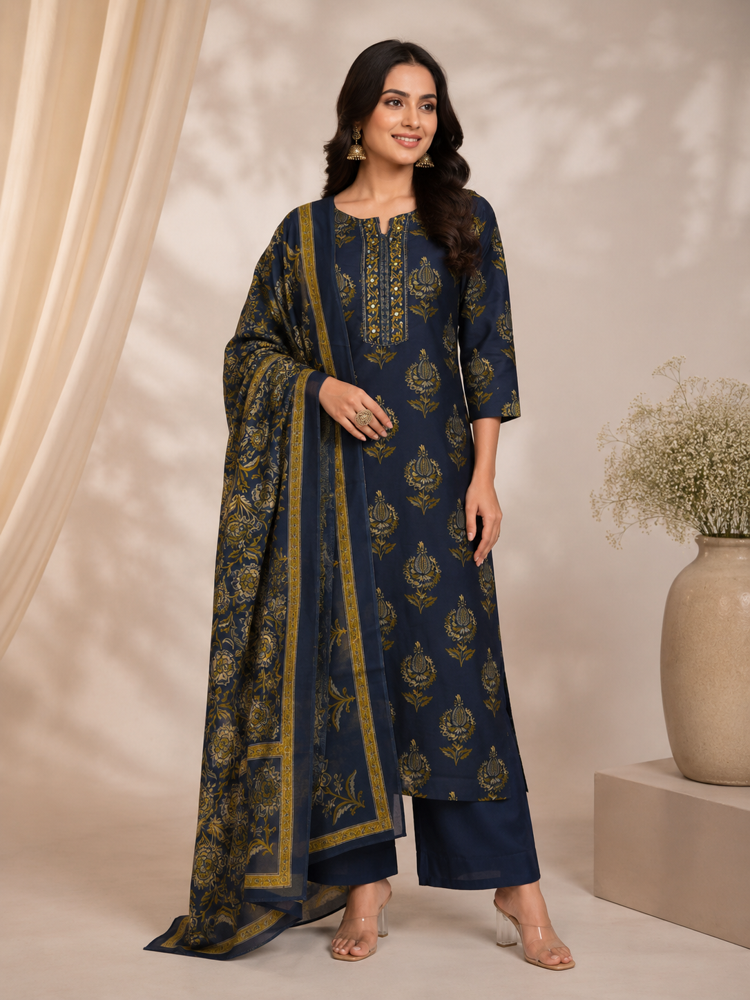 Navy Blue Ethnic Printed Cotton Kurta Set with Dupatta