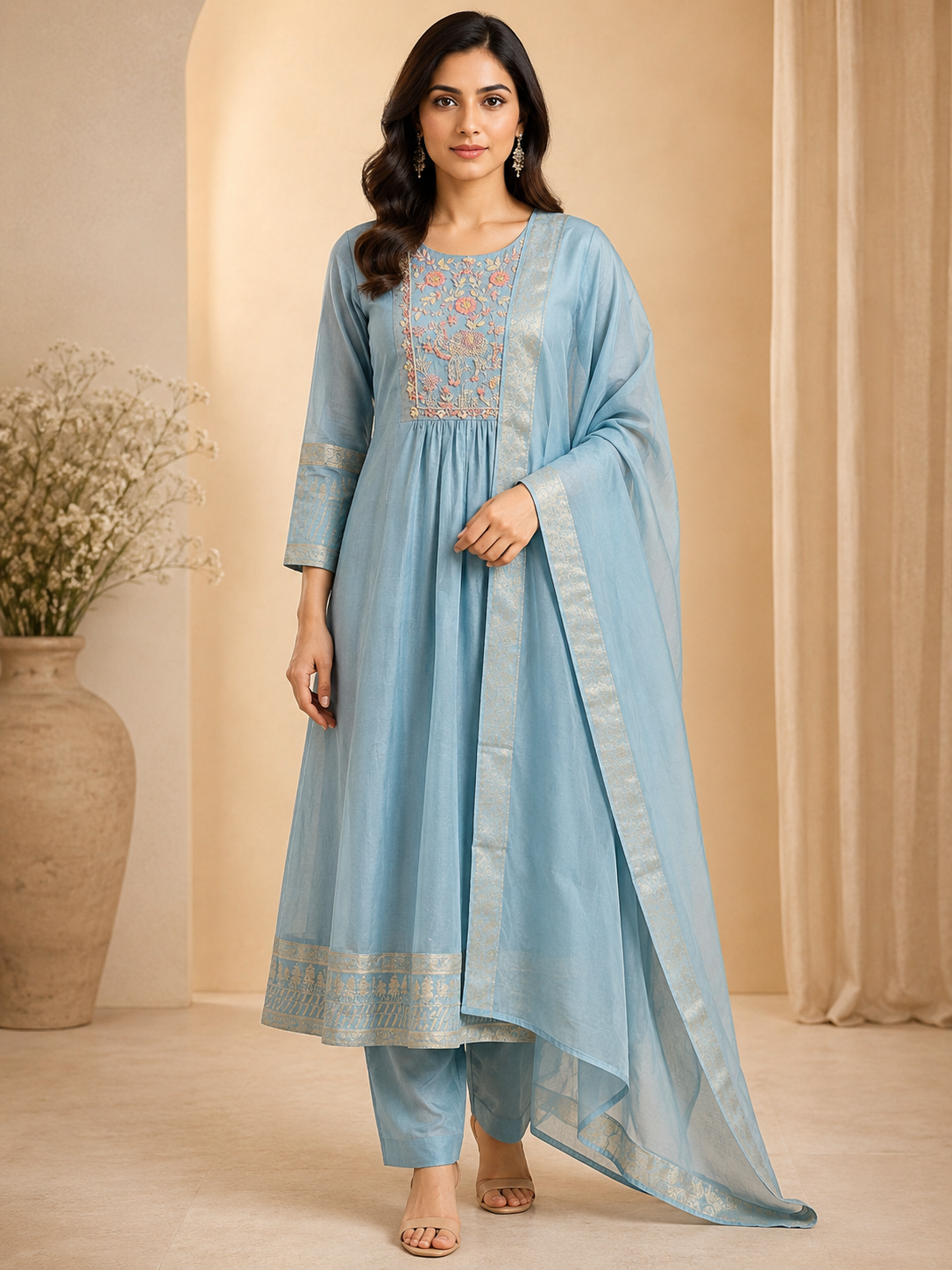 Sky Blue Chanderi A-Line Embroidered Suit Set with Dupatta